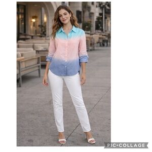 NEW SKINNYGIRL HSN 743-758 CARLEE OMBRÉ POPLIN ON BUTTON DOWN SHIRT